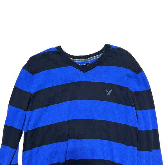 American Eagle Sweater Mens Large V Neck Colorblock Blue Black Long Sleeve - Picture 2 of 8